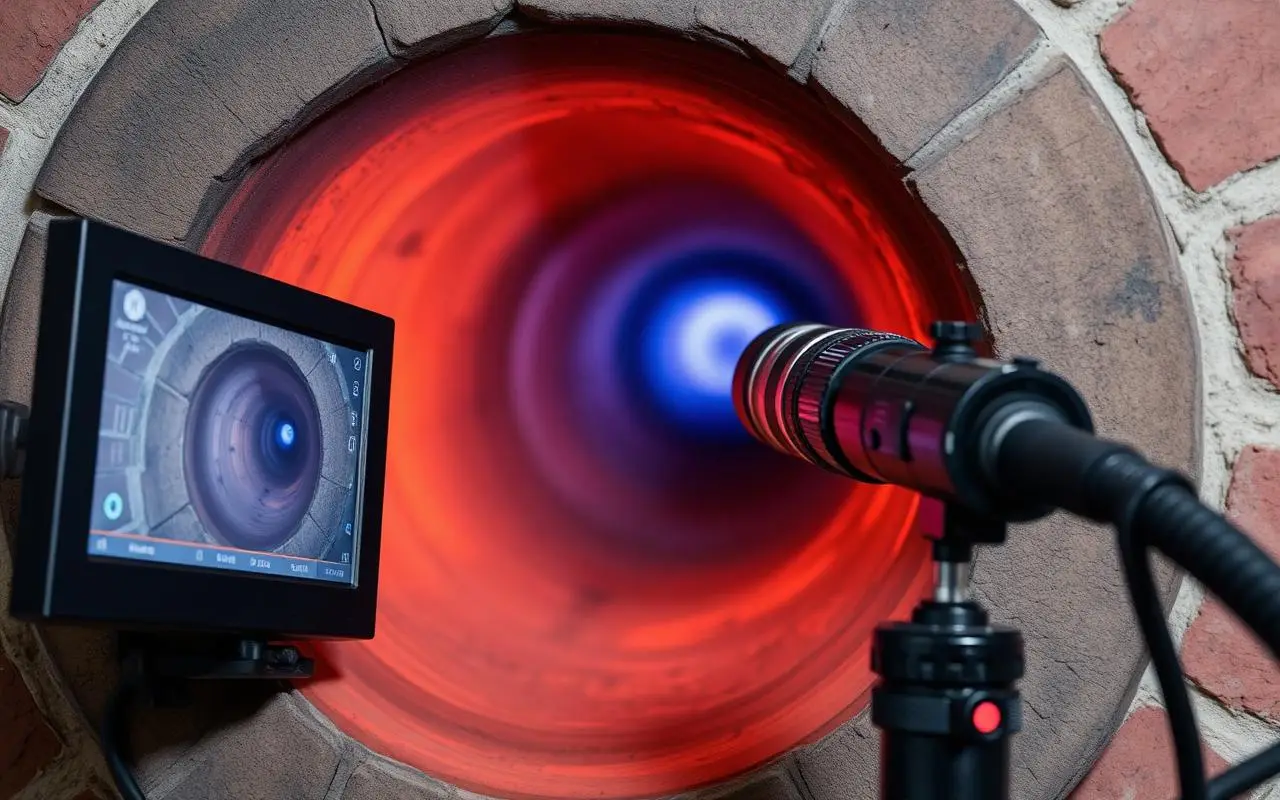 A video inspection camera on a tripod pointed into a round brick flue opening, with a monitor beside it showing the view down the flue