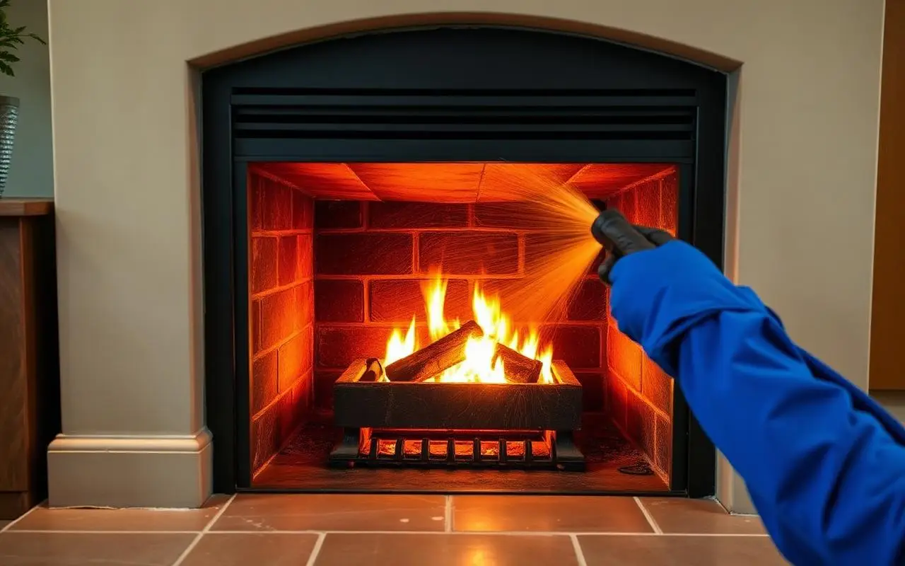 A gloved hand in a blue sleeve working a brush inside a brick fireplace firebox, with logs and flames in the grate