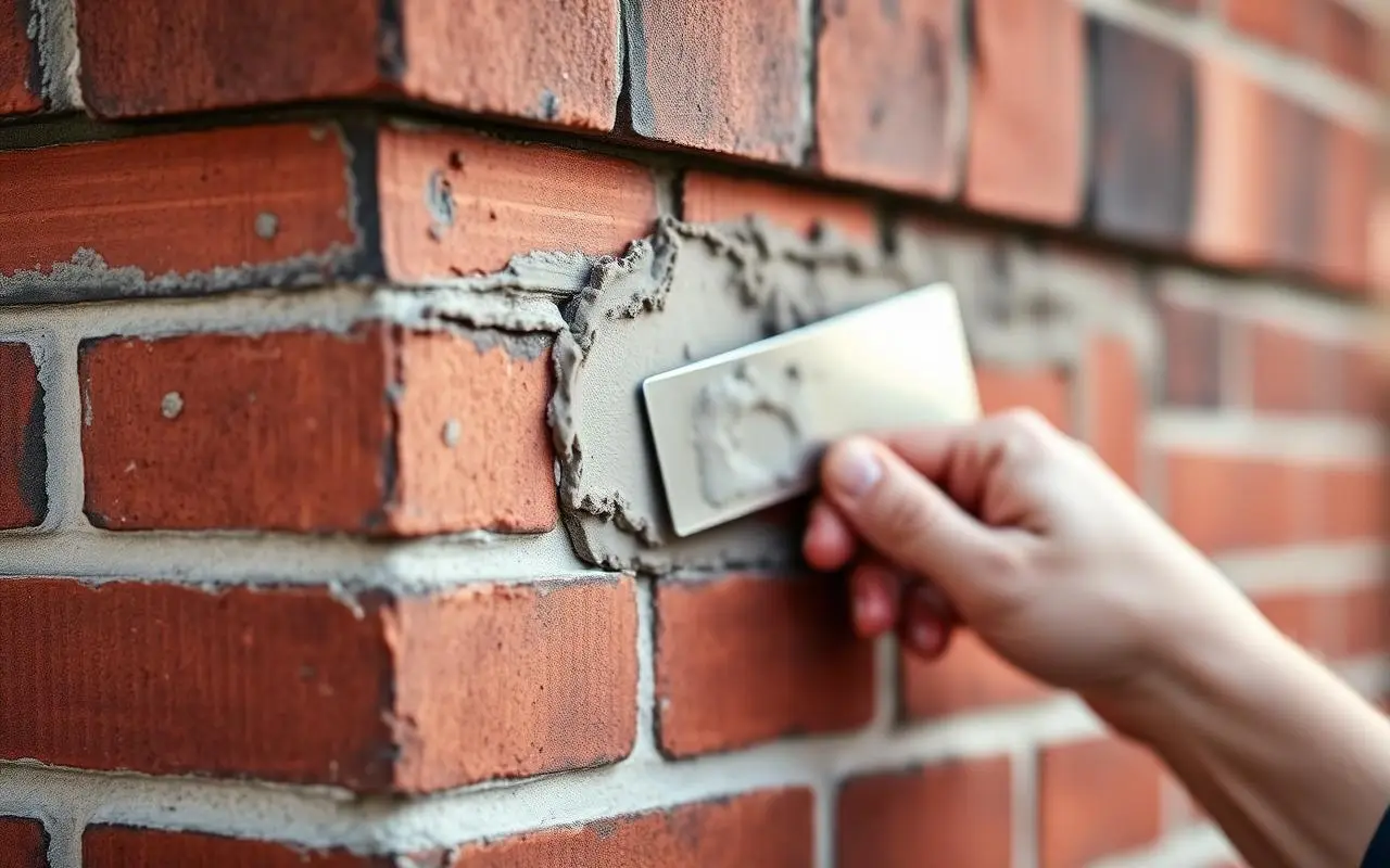 A hand pressing fresh mortar into a damaged joint between red bricks with a flat pointing tool